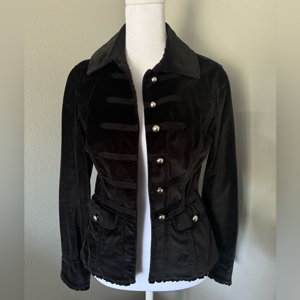 WHBM- Military Style Black Velvet Jacket- Silver Button Enclosures- Size 2